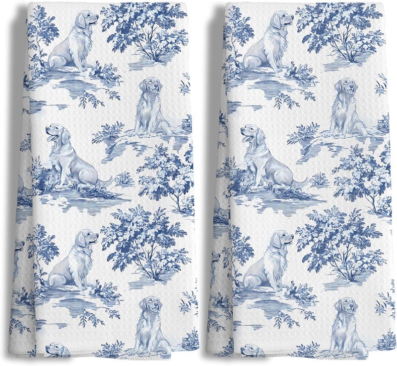 Nipil Chinoiserie Floral Golden Retriever Kitchen Towels Set of 2,Blue and White Golden Retriever Decorative Dish Tea Towels,Grandmillennial Botanical Dog Hand Towels for Kitchen Bathroom,16x24 Inch - Image 1